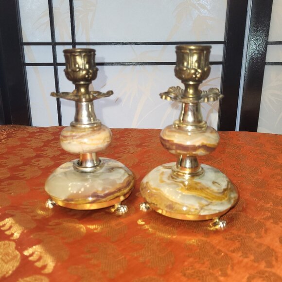 Pair of Hollywood Regency Marble/Onyx & Brass Candle Holders Approx 6 inches - Picture 1 of 4